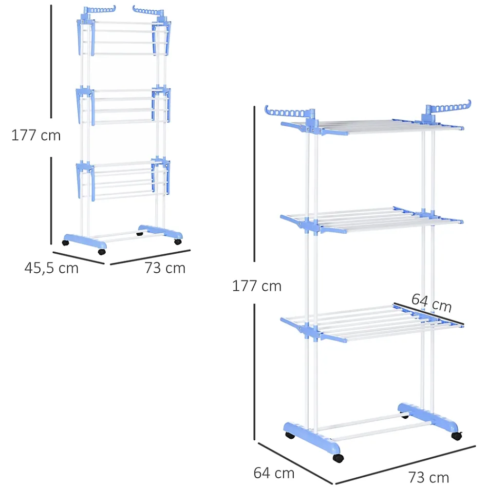 Etendoir À Linge|Homcom Sechoir à linge étendoir pliable 3 niveaux 2 ailes latérales à cintres acier blanc PP bleu
