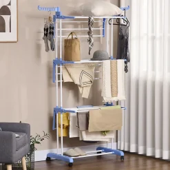 Etendoir À Linge|Homcom Sechoir à linge étendoir pliable 3 niveaux 2 ailes latérales à cintres acier blanc PP bleu