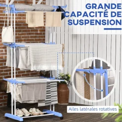 Etendoir À Linge|Homcom Sechoir à linge étendoir pliable 3 niveaux 2 ailes latérales à cintres acier blanc PP bleu
