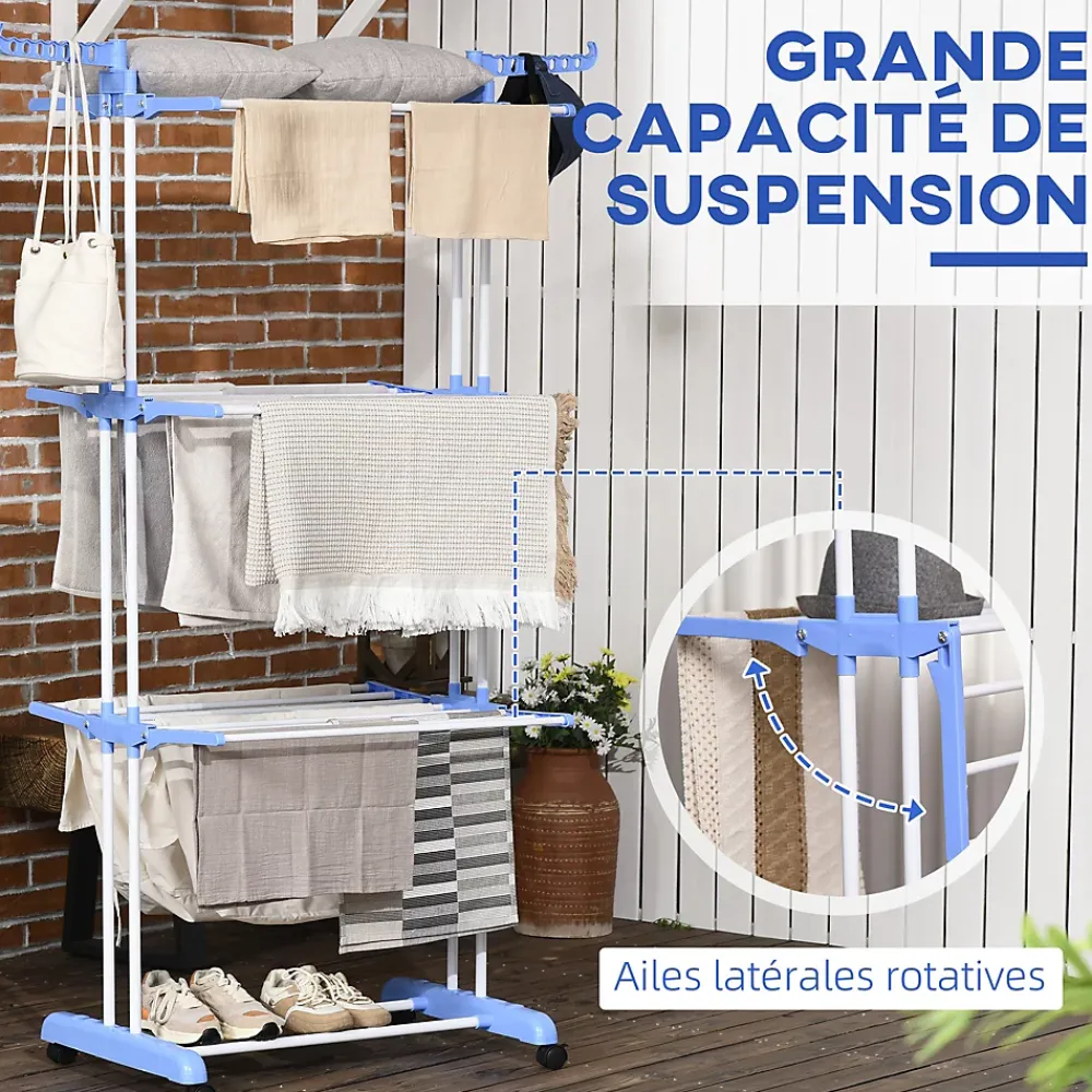 Etendoir À Linge|Homcom Sechoir à linge étendoir pliable 3 niveaux 2 ailes latérales à cintres acier blanc PP bleu