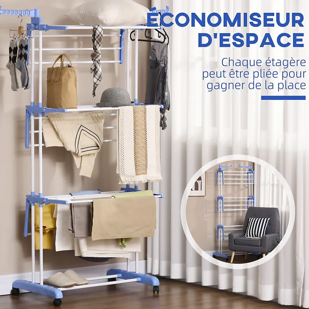 Etendoir À Linge|Homcom Sechoir à linge étendoir pliable 3 niveaux 2 ailes latérales à cintres acier blanc PP bleu