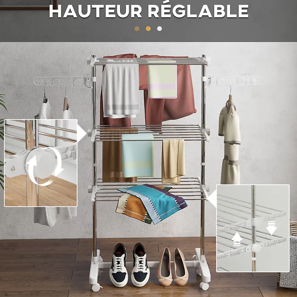 Homcom Sechoir à linge étendoir pliable ailes latérales sur 3 niveaux