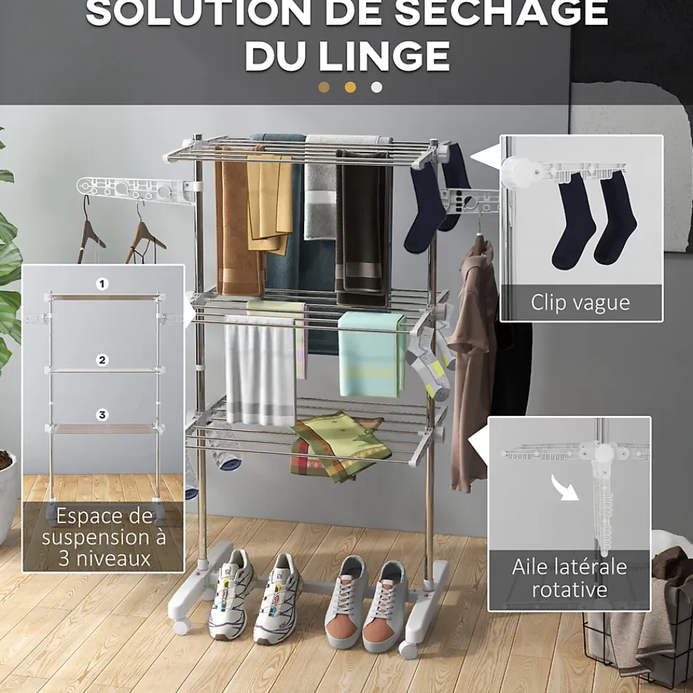 Homcom Sechoir à linge étendoir pliable ailes latérales sur 3 niveaux
