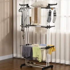 Etendoir À Linge|Homcom Sechoir à linge étendoir pliable 3 niveaux 2 ailes latérales à cintres acier blanc PP noir
