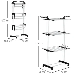 Etendoir À Linge|Homcom Sechoir à linge étendoir pliable 3 niveaux 2 ailes latérales à cintres acier blanc PP noir