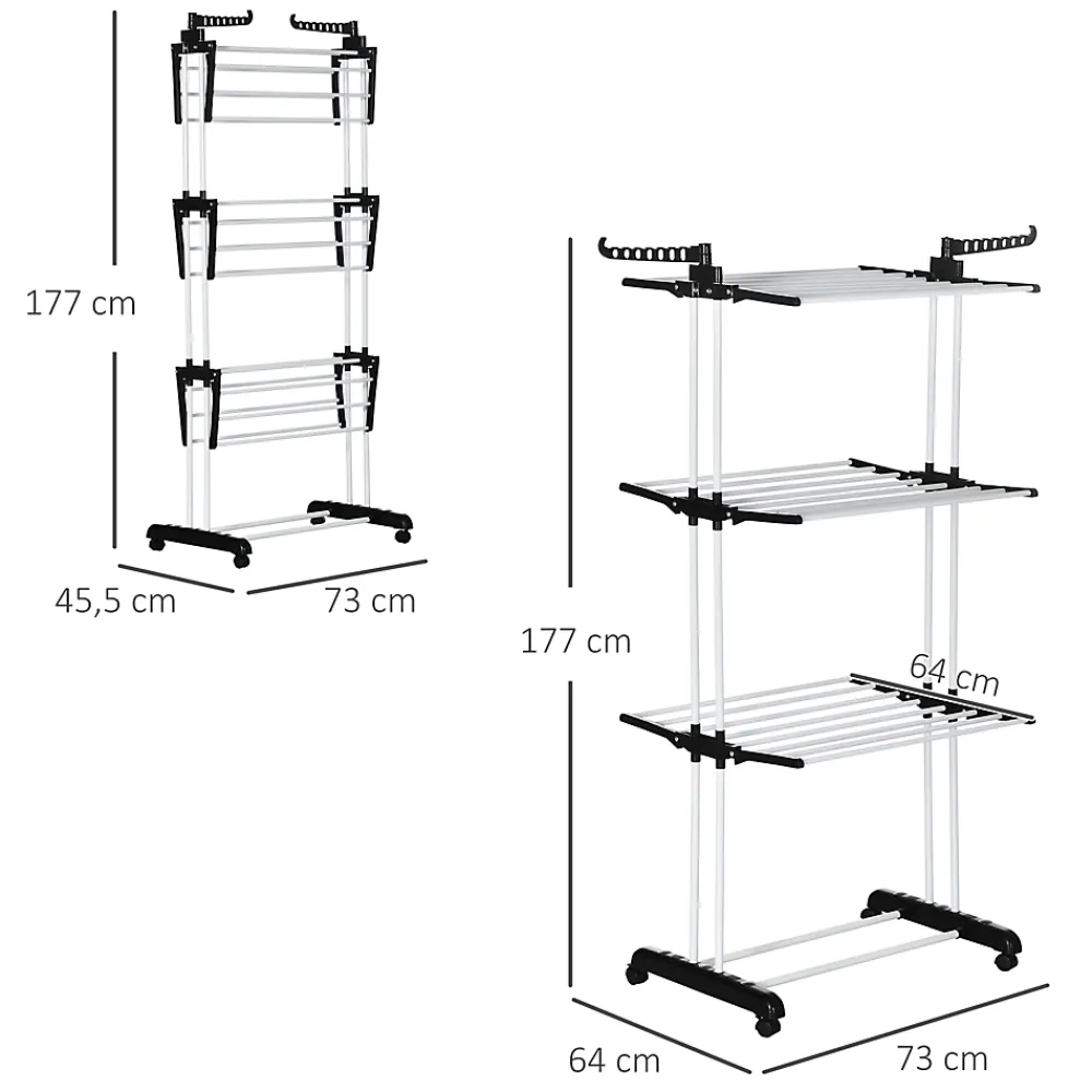 Etendoir À Linge|Homcom Sechoir à linge étendoir pliable 3 niveaux 2 ailes latérales à cintres acier blanc PP noir