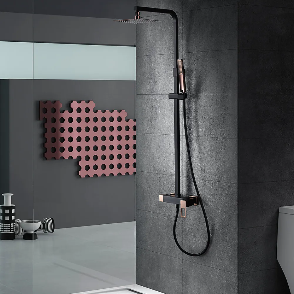 Imex Products Set de douche noir et or rose en acier et laiton avec souffle extra plat 20x20 cm