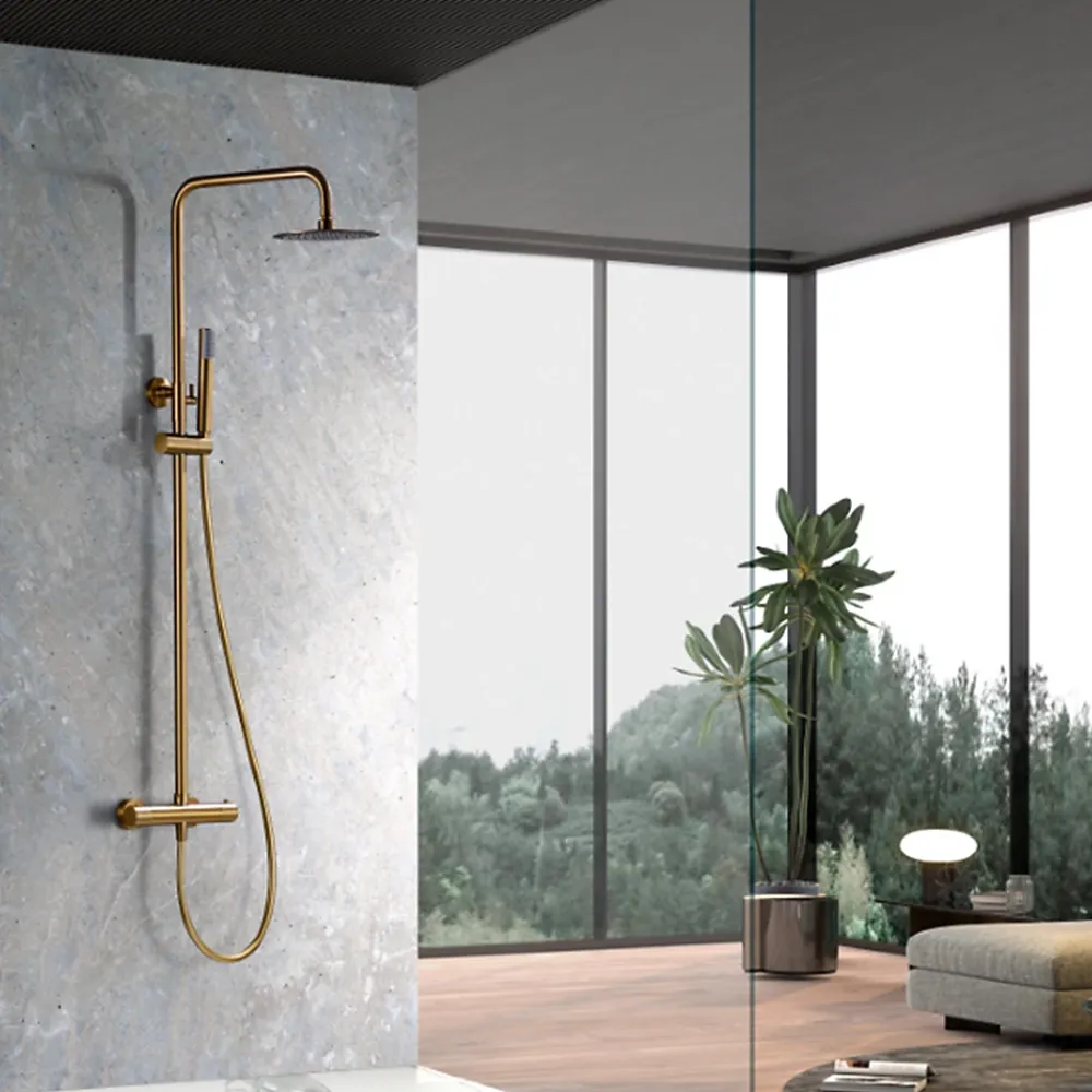 Colonne De Douche Thermostatique|Imex Products Set douche thermostatique or acier et laiton PVD avec douchette extensible anticalcaire