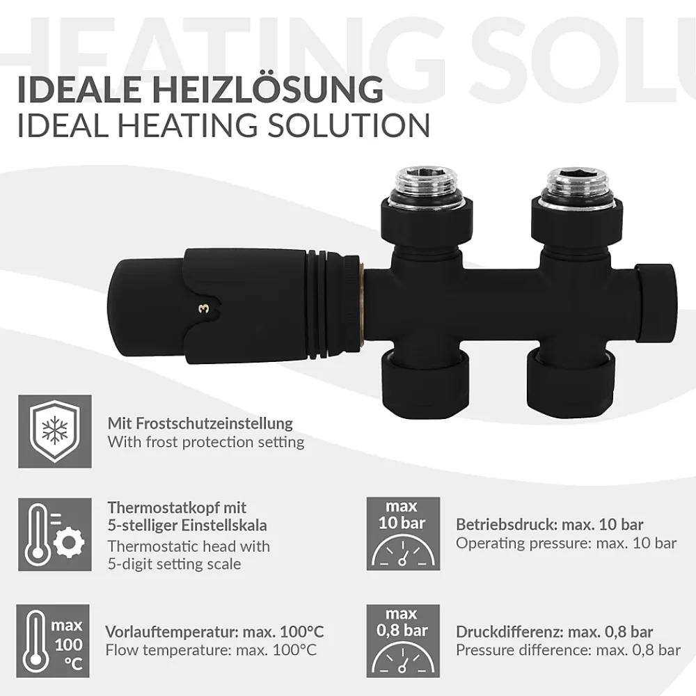 Sèche-Serviettes Eau Chaude|Luxebath Set vanne thermostatique passage noir pour radiateur de salle de bain à raccord central