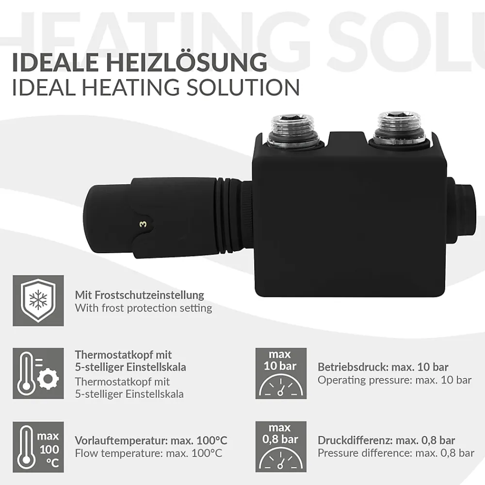 Luxebath Set vanne thermostatique universel noir pour radiateur de salle de bain à raccord central