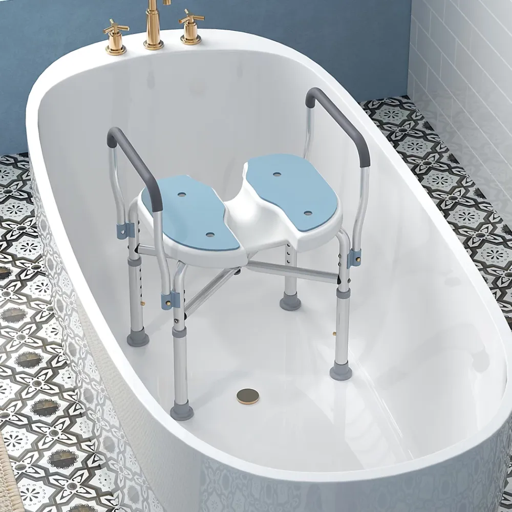 Homcom Siège de douche avec accoudoirs hauteur réglable antidérapant alu HDPE bleu balnc gris