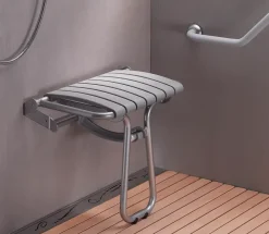 Siège De Douche|Godonnier Siège de douche large et pliable, aluminium avec lattes grises, l.58,5 x H.50 x P.36 cm,