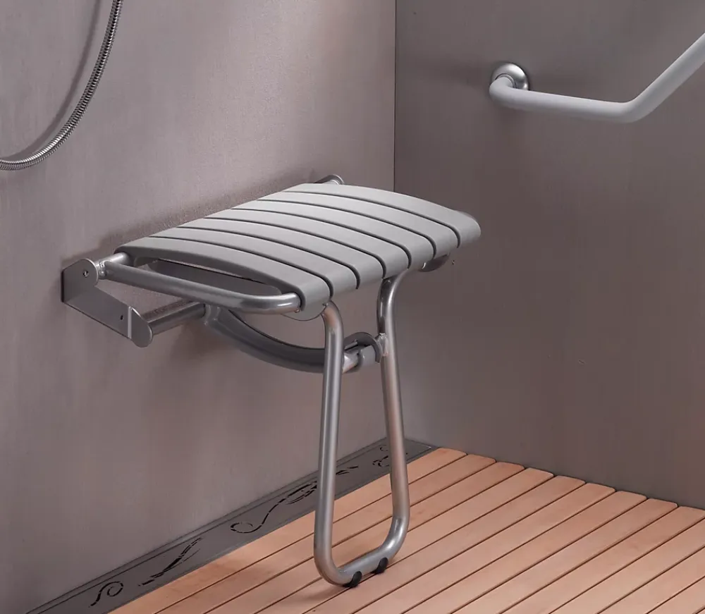 Siège De Douche|Godonnier Siège de douche large et pliable, aluminium avec lattes grises, l.58,5 x H.50 x P.36 cm,