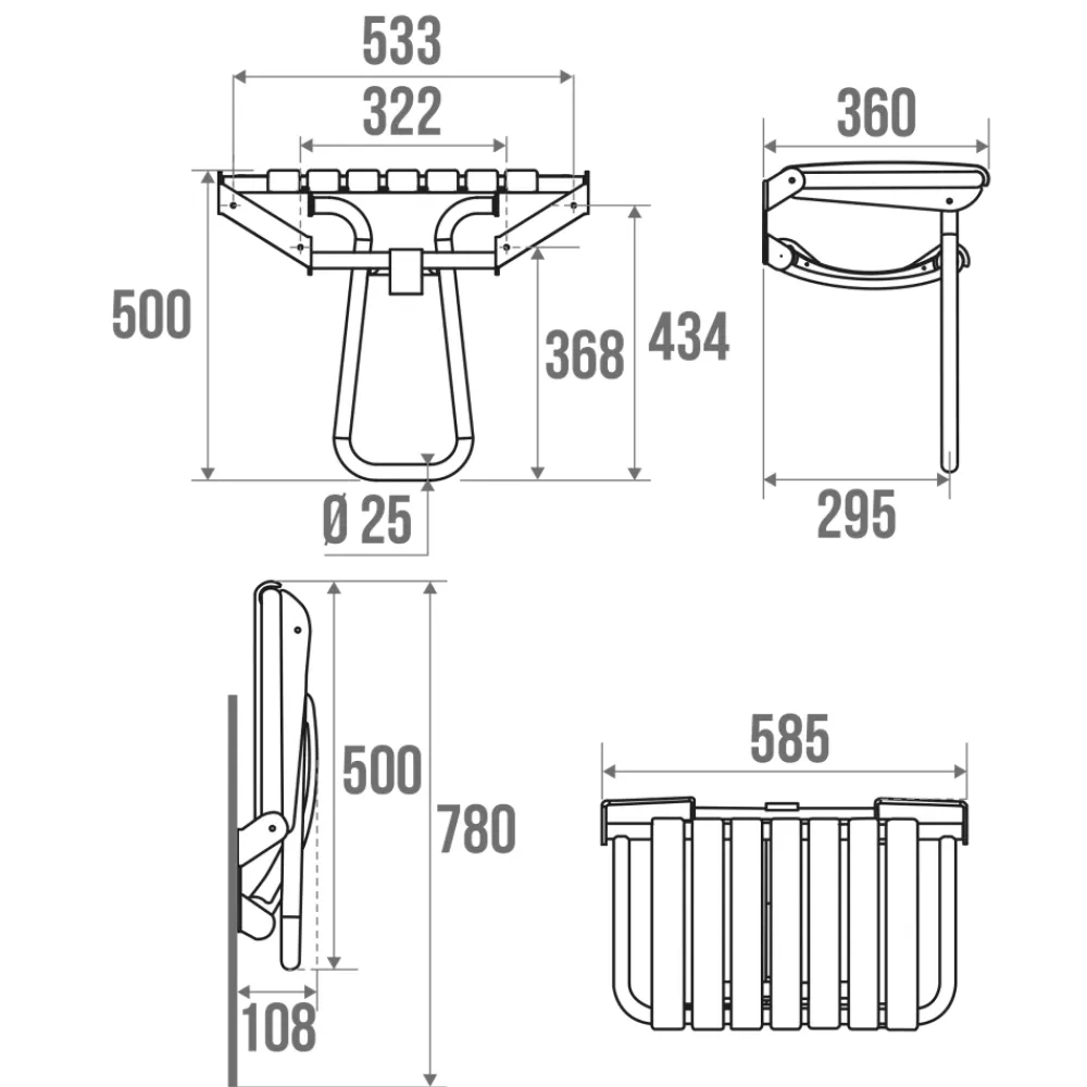 Siège De Douche|Godonnier Siège de douche large et pliable, aluminium avec lattes grises, l.58,5 x H.50 x P.36 cm,