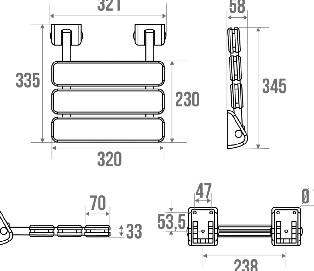 Godonnier Siège de douche relevable, aluminium blanc, l.32,1 x H.34,5 x P.33,5 cm,