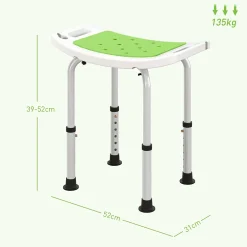 Homcom Siège de douche réglable en hauteur tabouret de douche ergonomique pieds antidérapants charge max. 135 Kg alu HDPE blanc vert
