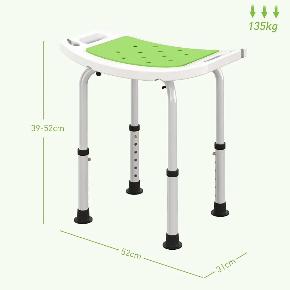 Homcom Siège de douche réglable en hauteur tabouret de douche ergonomique pieds antidérapants charge max. 135 Kg alu HDPE blanc vert