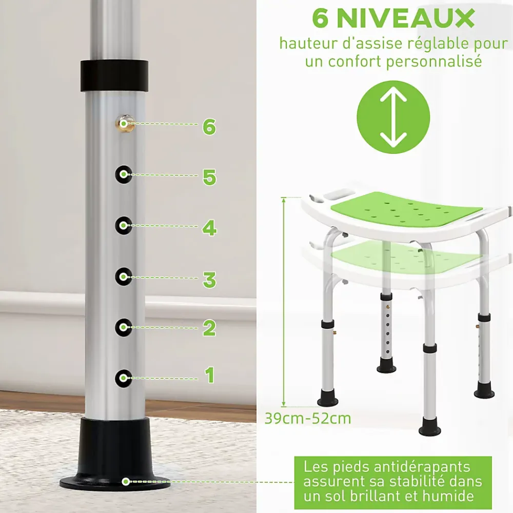 Homcom Siège de douche réglable en hauteur tabouret de douche ergonomique pieds antidérapants charge max. 135 Kg alu HDPE blanc vert