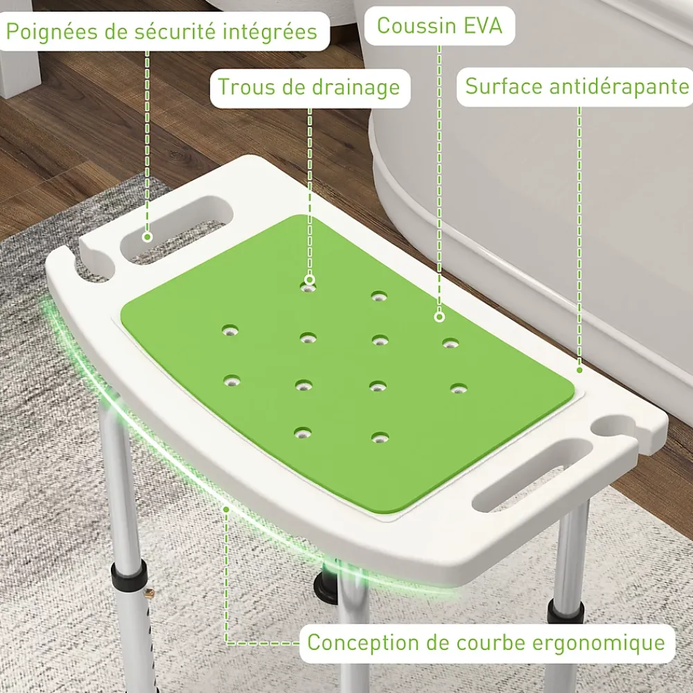 Homcom Siège de douche réglable en hauteur tabouret de douche ergonomique pieds antidérapants charge max. 135 Kg alu HDPE blanc vert