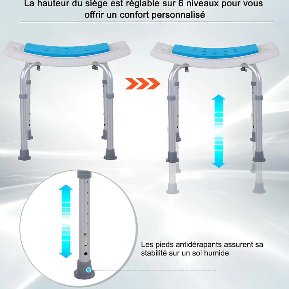 Siège De Douche|Homcom Siège de douche réglable en hauteur tabouret de douche ergonomique pieds antidérapants charge max. 135 Kg alu HDPE blanc bleu