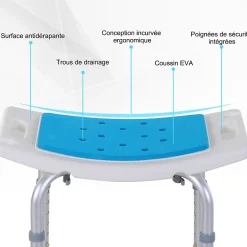 Siège De Douche|Homcom Siège de douche réglable en hauteur tabouret de douche ergonomique pieds antidérapants charge max. 135 Kg alu HDPE blanc bleu