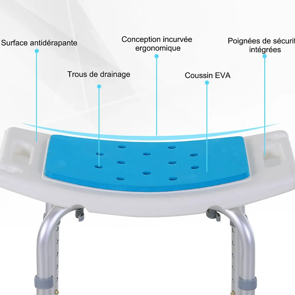 Siège De Douche|Homcom Siège de douche réglable en hauteur tabouret de douche ergonomique pieds antidérapants charge max. 135 Kg alu HDPE blanc bleu
