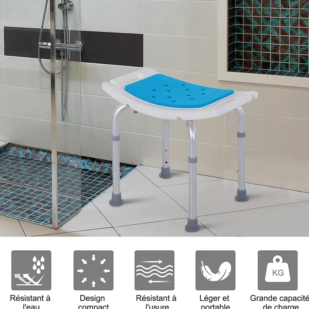 Siège De Douche|Homcom Siège de douche réglable en hauteur tabouret de douche ergonomique pieds antidérapants charge max. 135 Kg alu HDPE blanc bleu