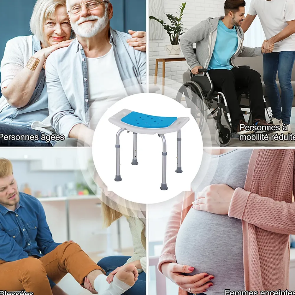 Siège De Douche|Homcom Siège de douche réglable en hauteur tabouret de douche ergonomique pieds antidérapants charge max. 135 Kg alu HDPE blanc bleu