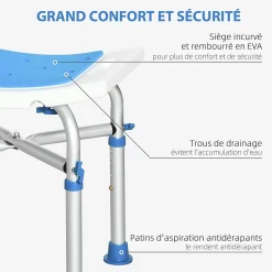 Siège De Douche|Homcom Siège de douche réglable en hauteur tabouret de douche ergonomique pieds antidérapants charge max. 150 Kg alu HDPE blanc bleu