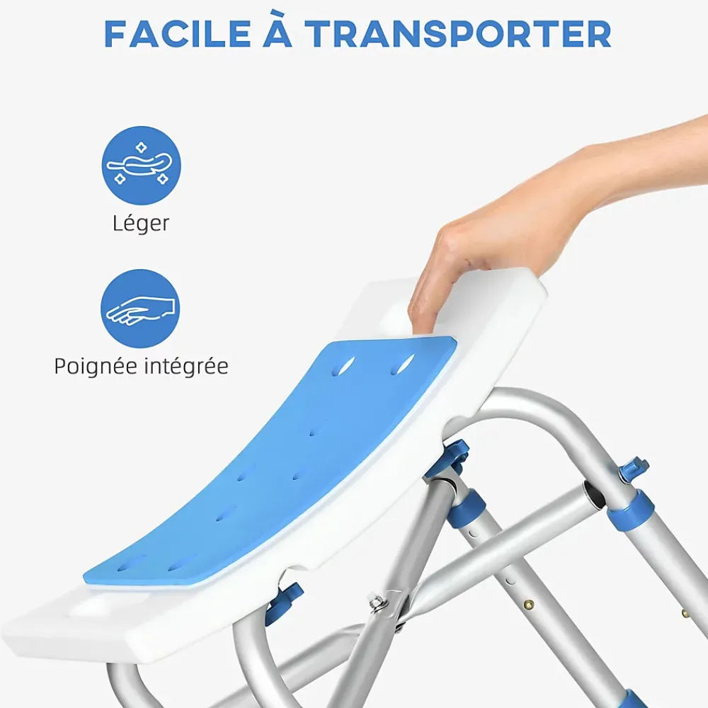 Siège De Douche|Homcom Siège de douche réglable en hauteur tabouret de douche ergonomique pieds antidérapants charge max. 150 Kg alu HDPE blanc bleu