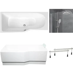 Baignoire Asymétrique|Siko 160x80 cm Beata Plus baignoire asymétrique en acrylique, gauche + tablier + pare-baignoire, pieds, blanc (BE1600LPLUS-SETP1)