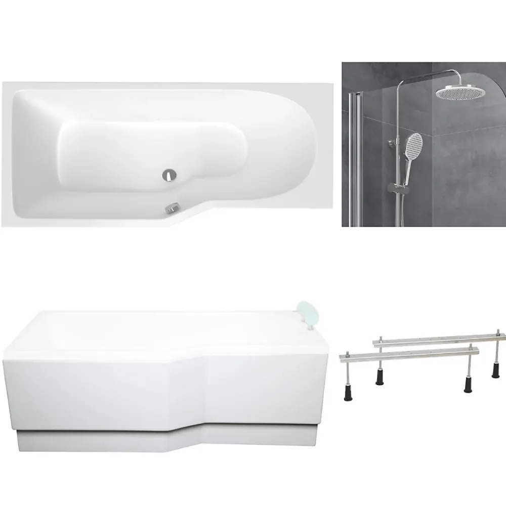 Baignoire Asymétrique|Siko 160x80 cm Beata Plus baignoire asymétrique en acrylique, gauche + tablier + pare-baignoire, pieds, blanc (BE1600LPLUS-SETP1)