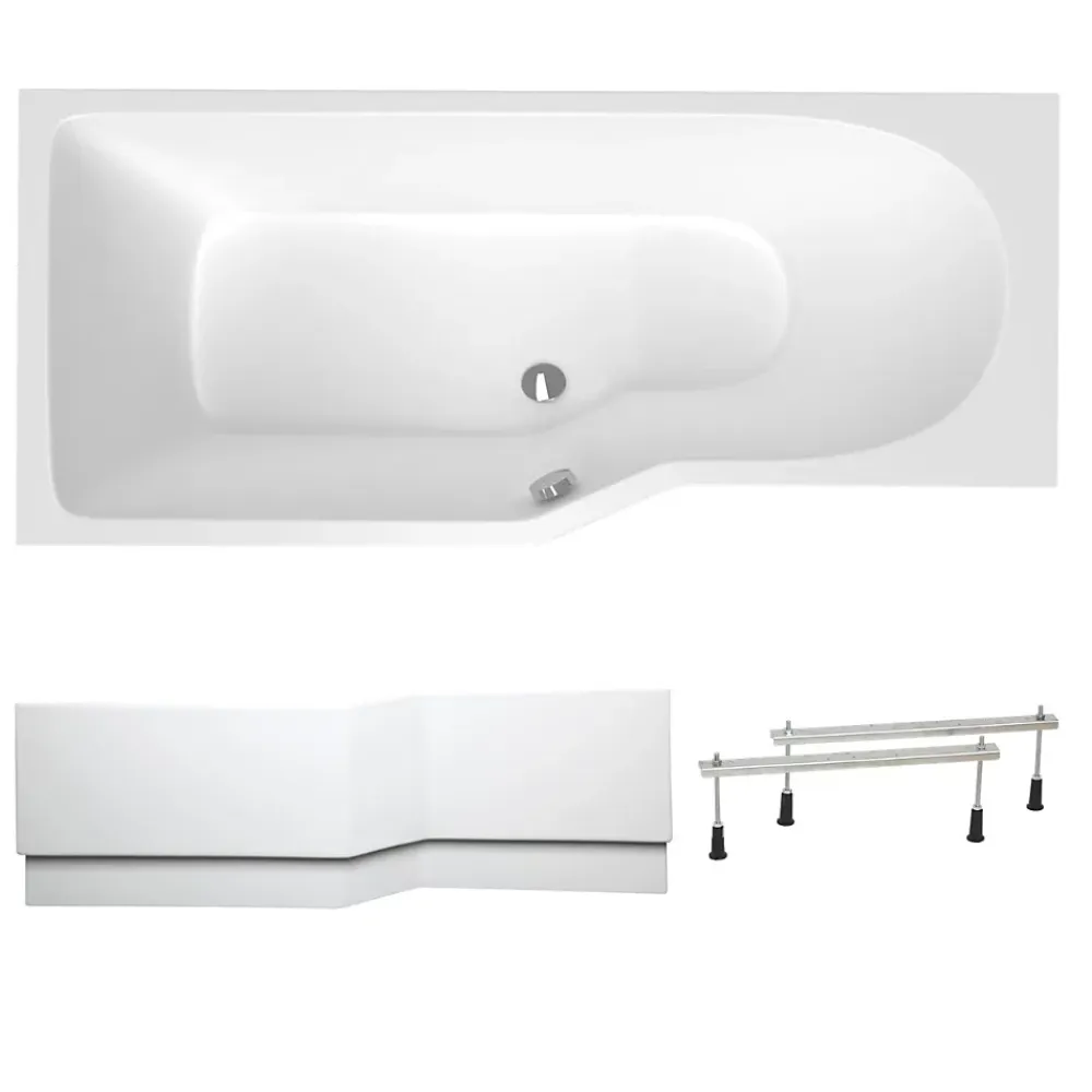 Baignoire Asymétrique|Siko 160x80 cm Beata Plus baignoire bain/douche asymétrique en acrylique, gauche + tablier 160 cm + pieds, blanc