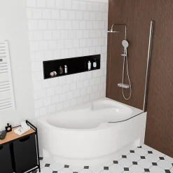 Baignoire D'Angle|Siko 160x100 cm Fortuna Plus baignoire d'angle en acrylique, droite + tablier + pare-baignoire + pieds, blanc (FO1600PPLUS-SETP1)