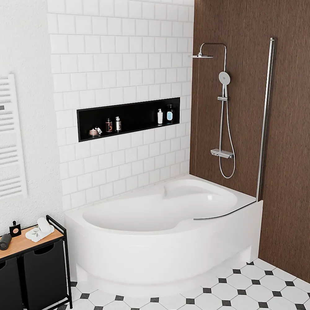 Baignoire D'Angle|Siko 160x100 cm Fortuna Plus baignoire d'angle en acrylique, droite + tablier + pare-baignoire + pieds, blanc (FO1600PPLUS-SETP1)