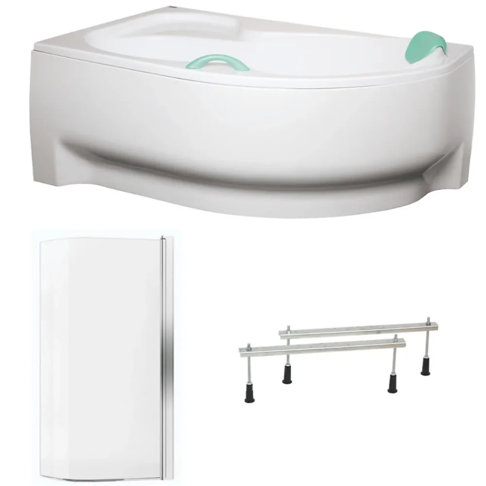 Baignoire D'Angle|Siko 160x100 cm Fortuna Plus baignoire d'angle en acrylique, droite + tablier + pare-baignoire + pieds, blanc (FO1600PPLUS-SETP1)