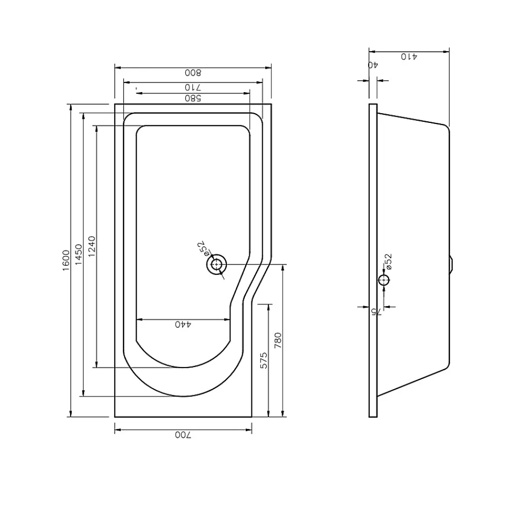 Baignoire Asymétrique|Siko 160x80 cm Laguna Beata Plus baignoire bain/douche asymétrique avec pieds, acrylique, droite, blanc (BE1600PPLUS-SET)