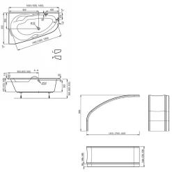 Siko 160x95 cm Laguna Luiza baignoire d'angle en acrylique, gauche + tablier 160 cm + pieds, blanc (LU1600L-SET1)