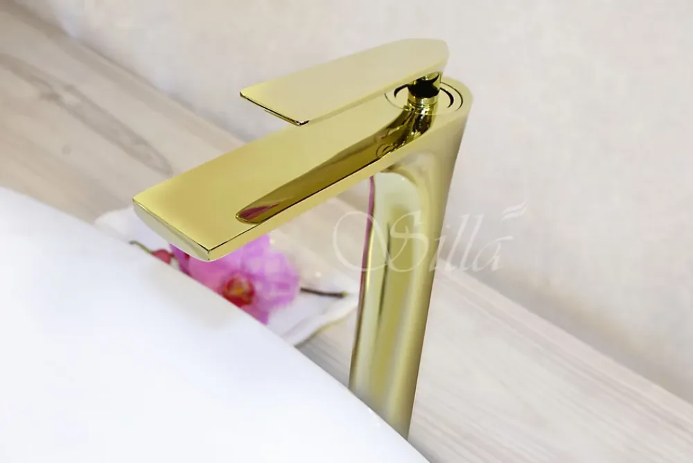 Silla Global SILLA Mitigeur lavabo moderne bec haut en Laiton, économie d'eau, Doré