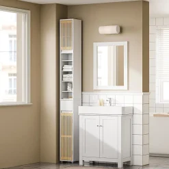 Sobuy Colonne d'Armoire pour Salle de Bain avec 6 Étagères Réglables, Blanche, 20x20x180 cm, BZR34-BW
