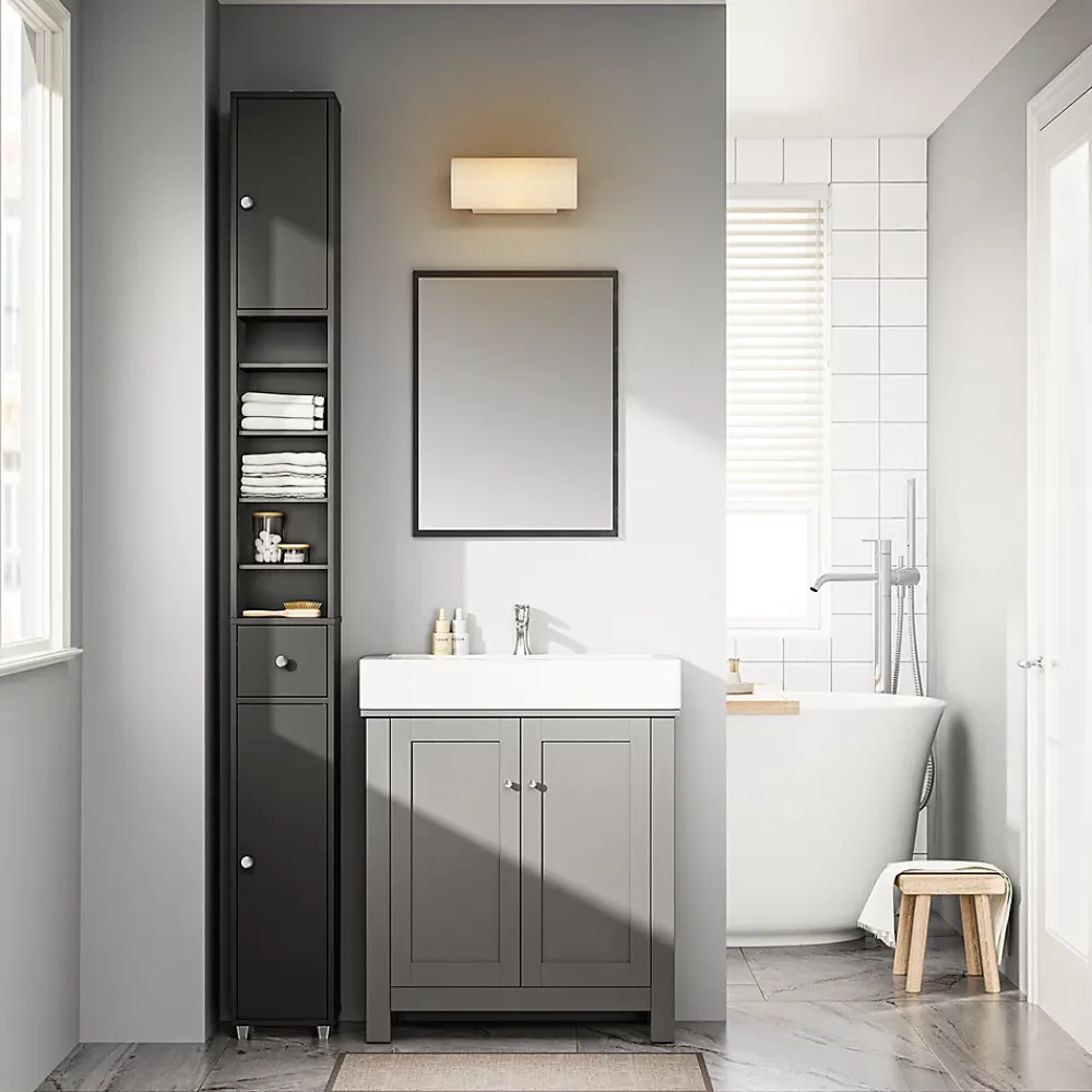 Sobuy Colonne de salle de bain étanche avec étagères et tiroirs réglables, MDF noir