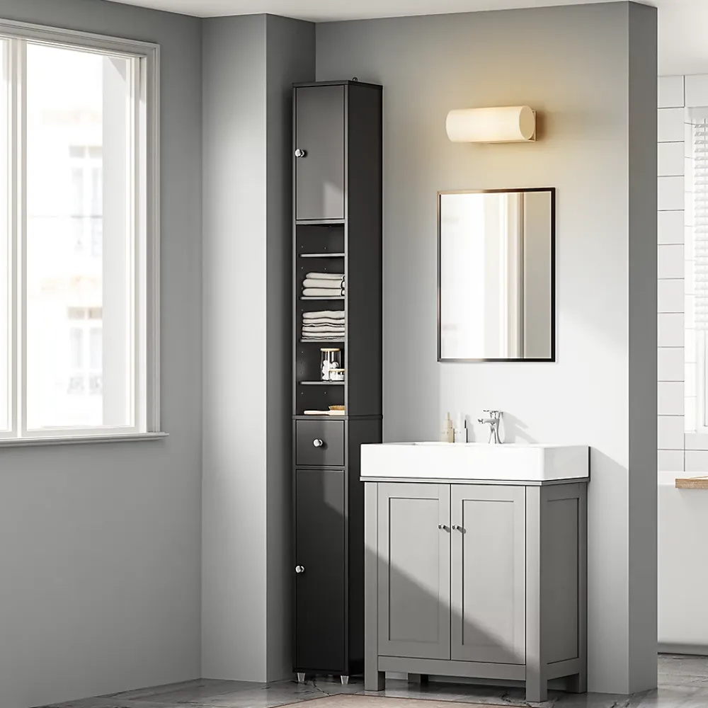 Sobuy Colonne de salle de bain étanche avec étagères et tiroirs réglables, MDF noir