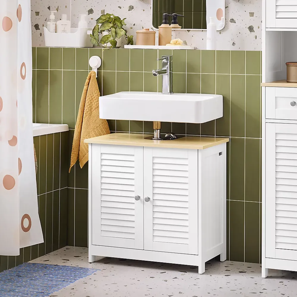 Meuble Sous Lavabo|Sobuy Meuble Lavabo Salle de Bain 2 Portes 2 Étages Blanc en Bois Naturel