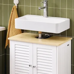 Meuble Sous Lavabo|Sobuy Meuble Lavabo Salle de Bain 2 Portes 2 Étages Blanc en Bois Naturel