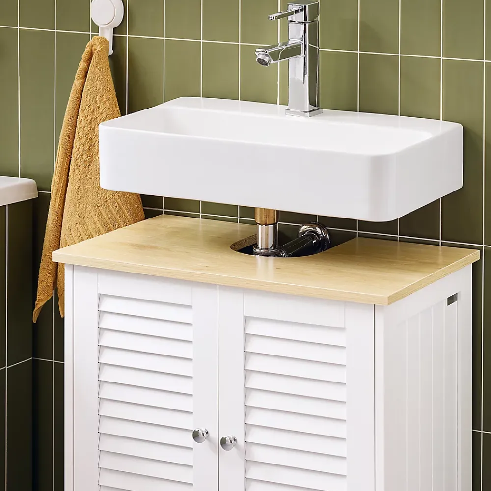 Meuble Sous Lavabo|Sobuy Meuble Lavabo Salle de Bain 2 Portes 2 Étages Blanc en Bois Naturel