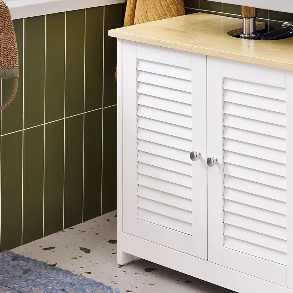 Meuble Sous Lavabo|Sobuy Meuble Lavabo Salle de Bain 2 Portes 2 Étages Blanc en Bois Naturel