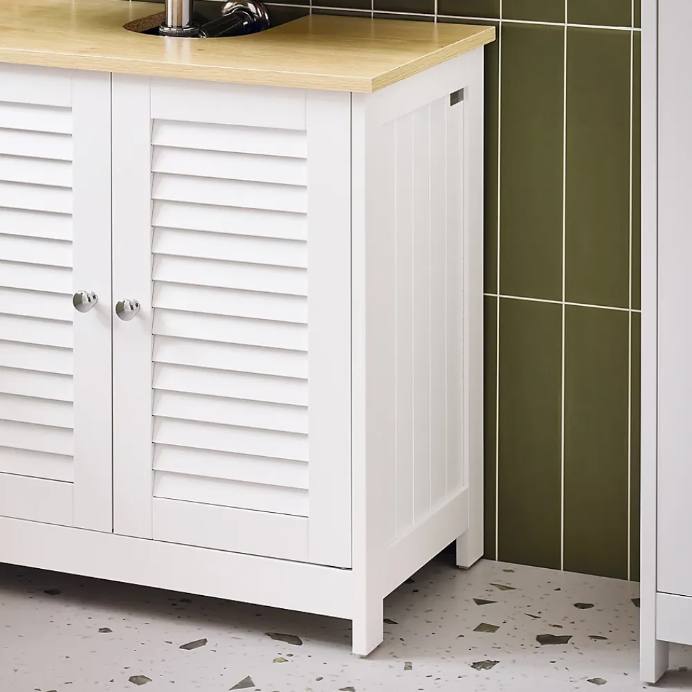 Meuble Sous Lavabo|Sobuy Meuble Lavabo Salle de Bain 2 Portes 2 Étages Blanc en Bois Naturel