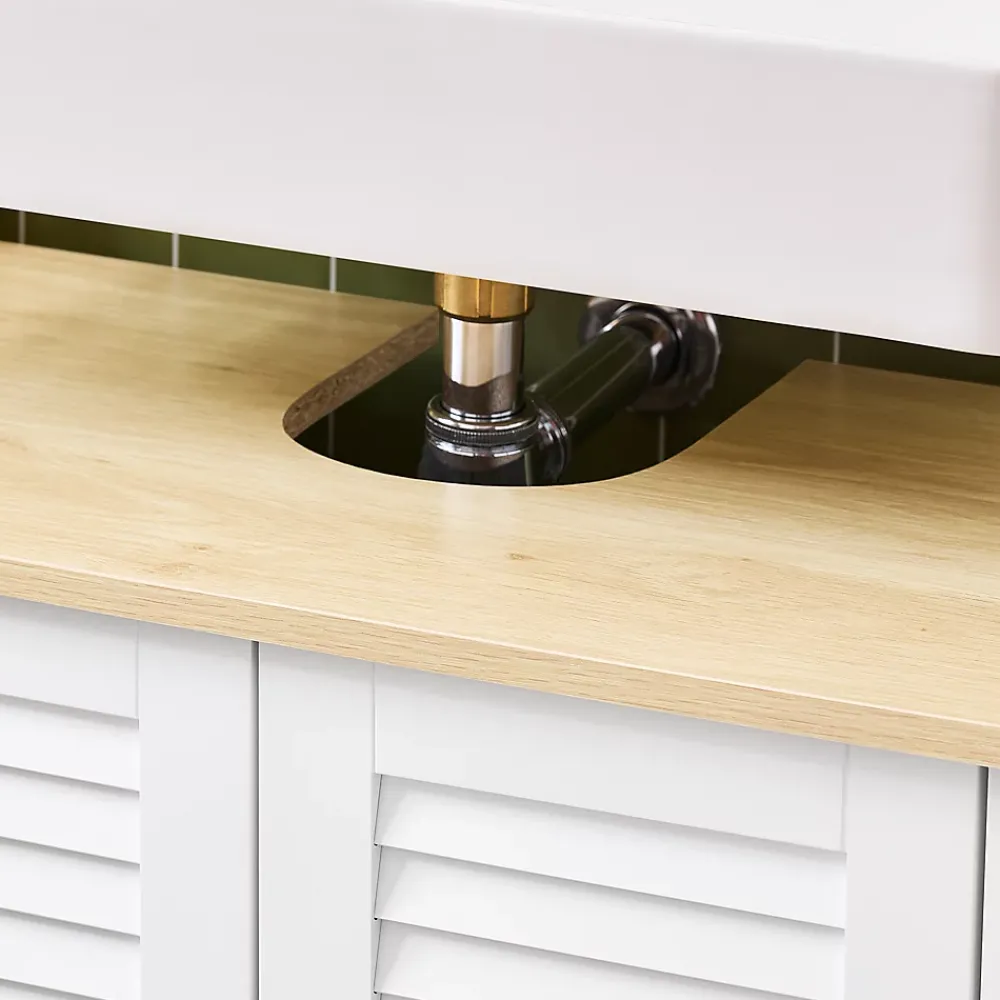 Meuble Sous Lavabo|Sobuy Meuble Lavabo Salle de Bain 2 Portes 2 Étages Blanc en Bois Naturel