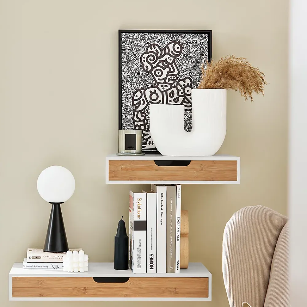 Sobuy Étagère Murale avec Tiroir - Étagère Flottante Moderne Blanche & Nature