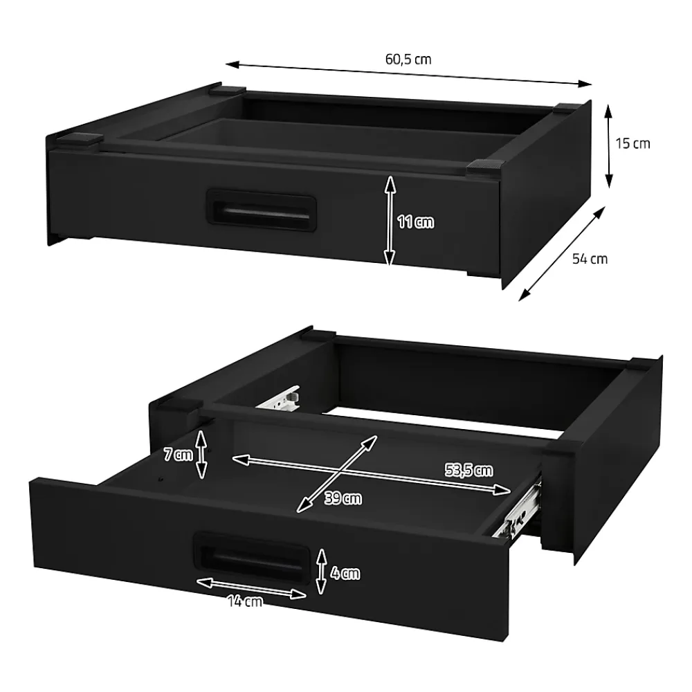 Ml-Design Socle pour machine à laver en acier noir accessoire avec tiroir 60,5x54x15 cm